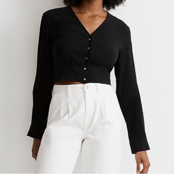 Madewell V-neck Button Front Crop Shirt in Lusterweave - Picture 1 of 11